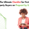 A smiling first-time property buyer reviewing a checklist on a phone.